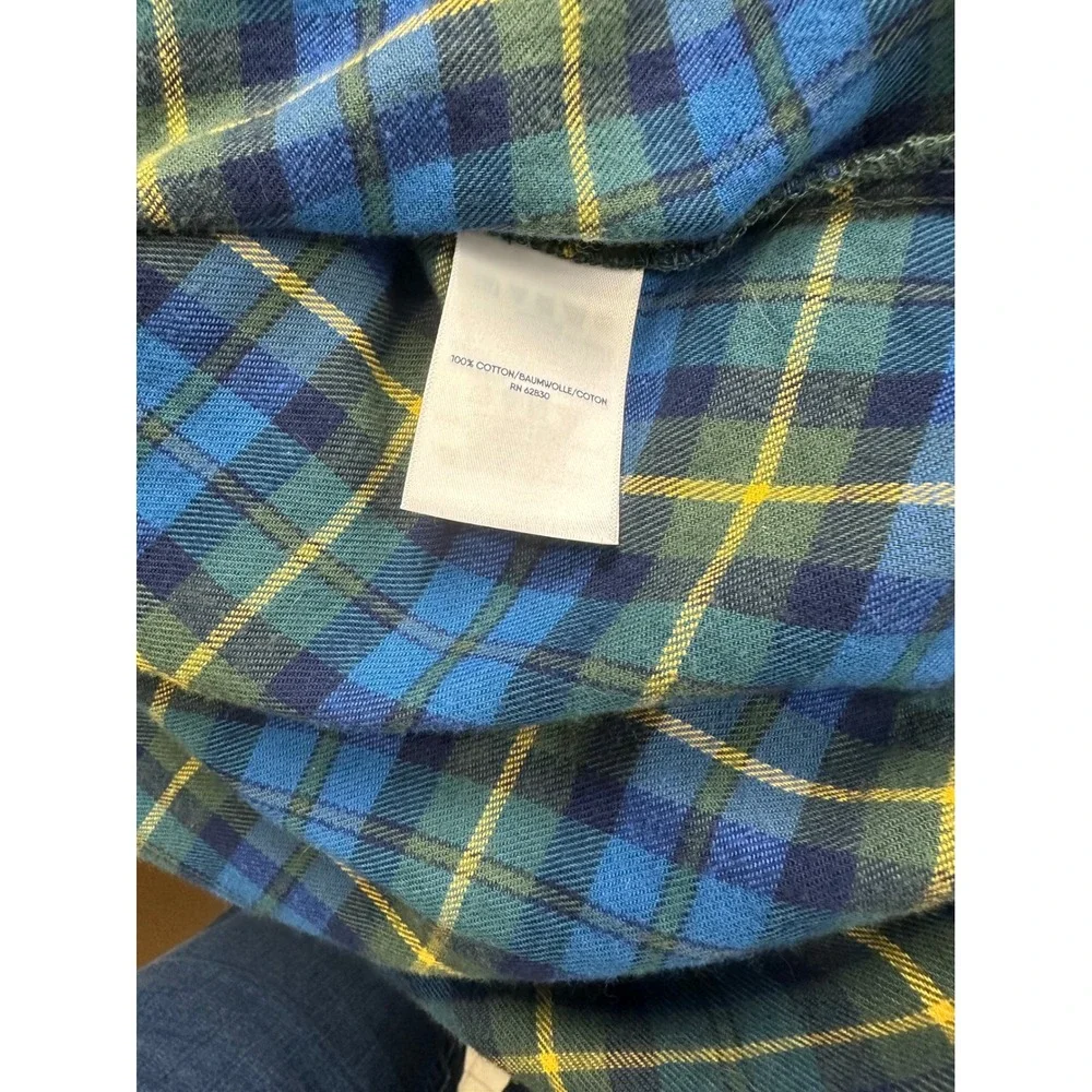 Lands End Mens Flannel Robe Blue Green Plaid Cotton Shawl Collar Belted Size M